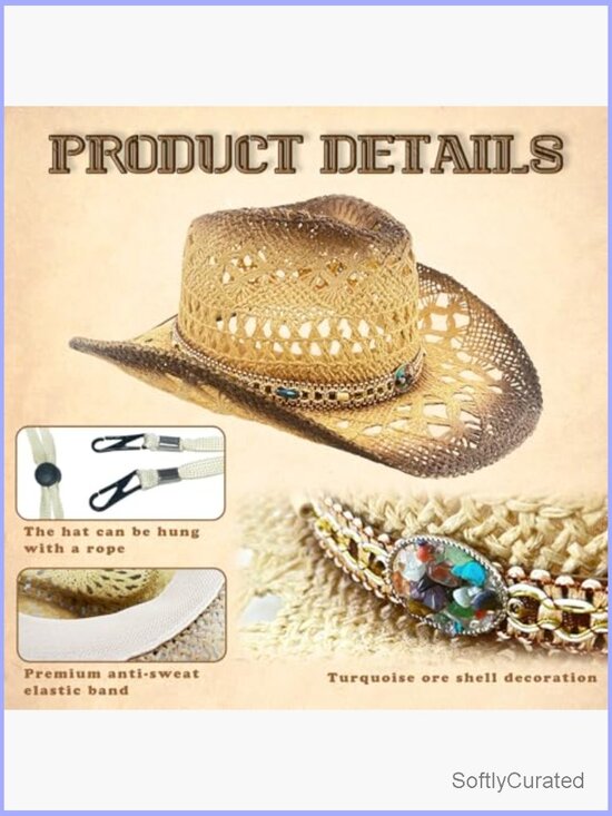 Western Straw Cowboy Hat with Two Decorative Bands and Hair Band, Wide Brim